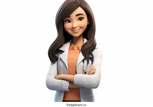 A female doctor in a lab coat is smiling.