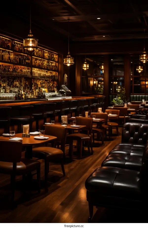 Luxurious bar interior with leather chairs and wooden tables