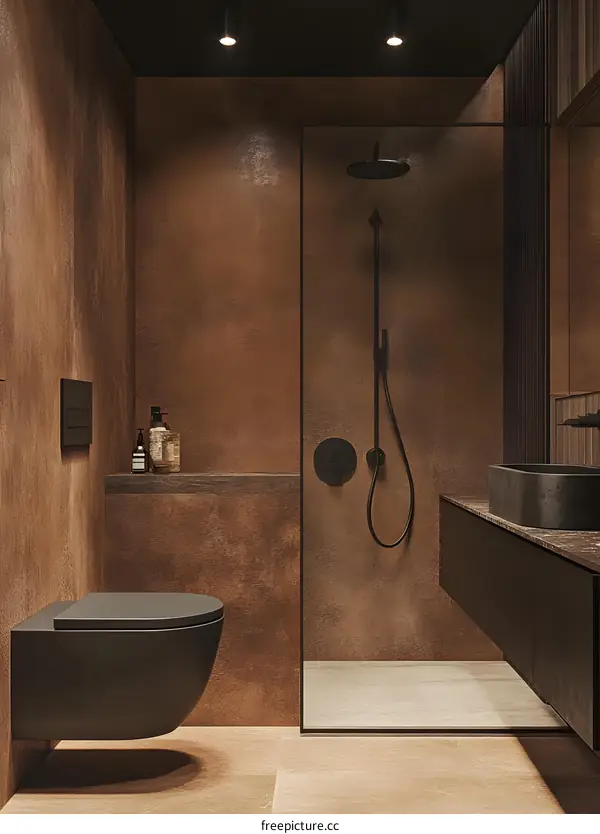 Modern Bathroom Interior Design with Brown Tiles and Black Fixtures