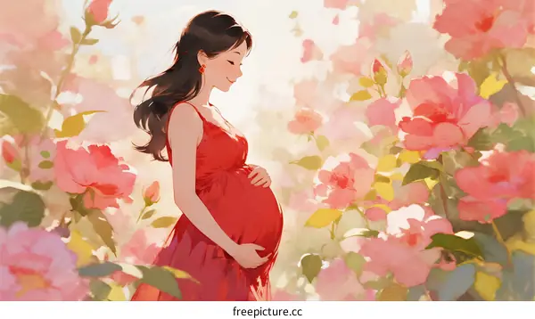 Pregnant woman in red dress standing among blooming pink roses