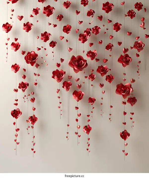 Red roses and hearts hanging on a wall