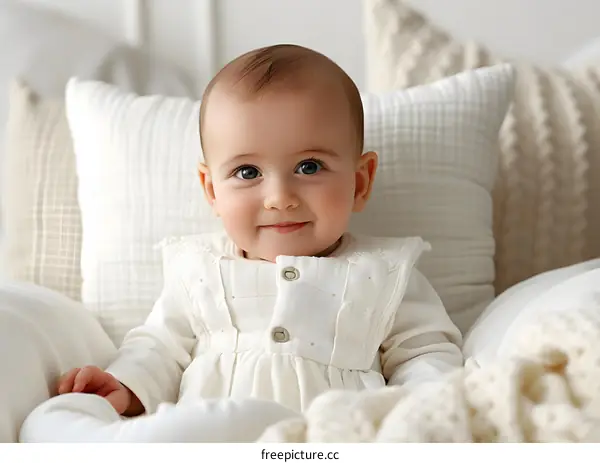 An adorable baby girl in a white dress is sitting on a white blanket and looking at the camera with a smile on her face