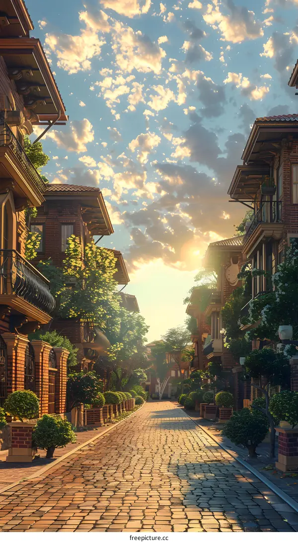 Cobblestone Street at Sunset