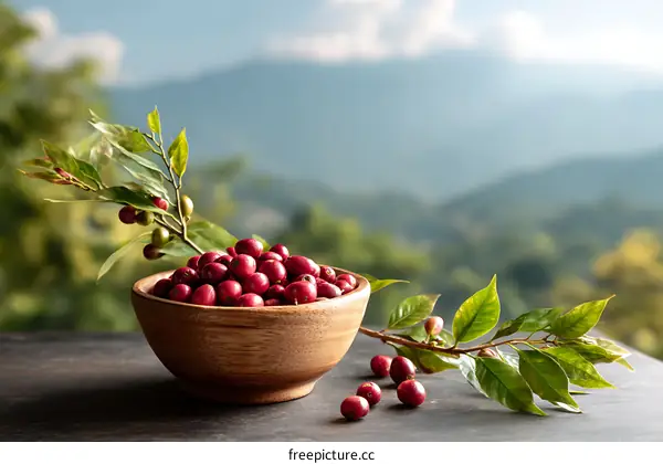 Coffee Beans in Wooden Bowl with Mountain View