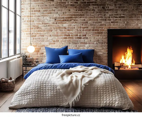 Cozy Bedroom with Brick Wall and Fireplace