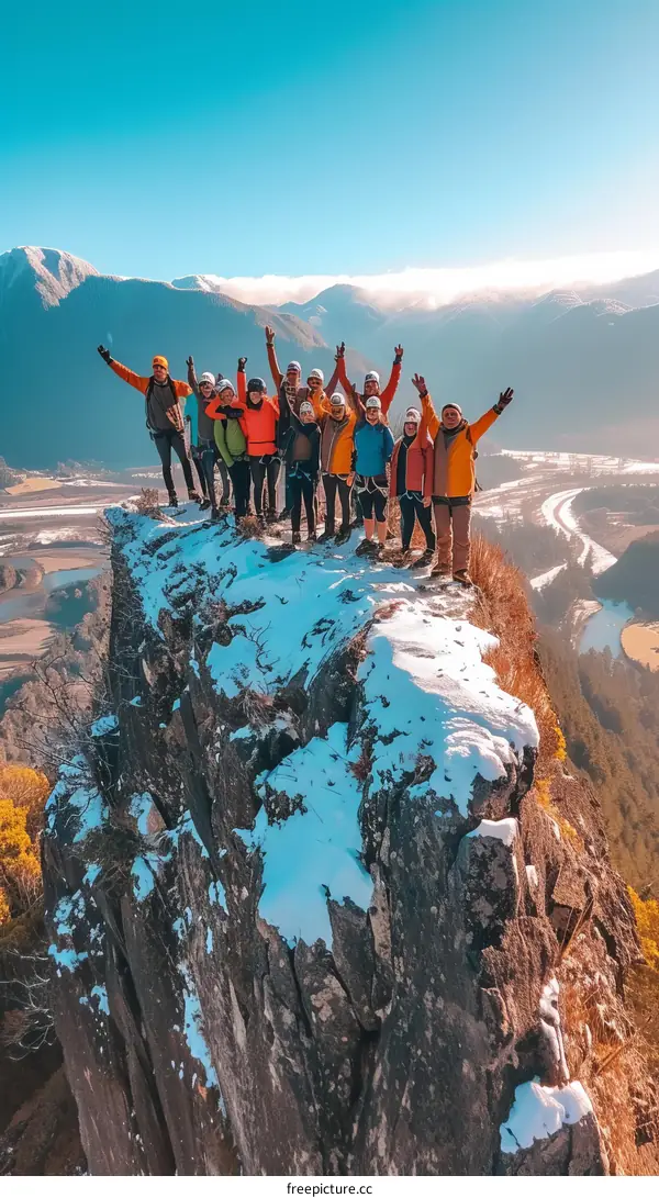 Group of hikers celebrating their successful summit