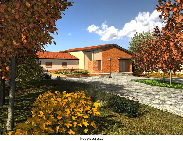 Autumn Landscape with Brick Building and Trees