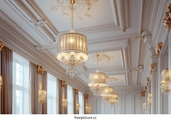 ornate coffered ceiling with crystal chandeliers