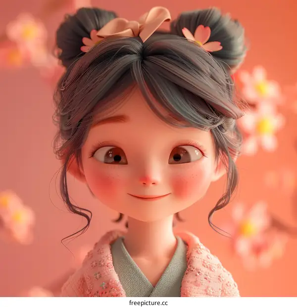 Cute Anime Girl with Blue Hair and Pink Kimono