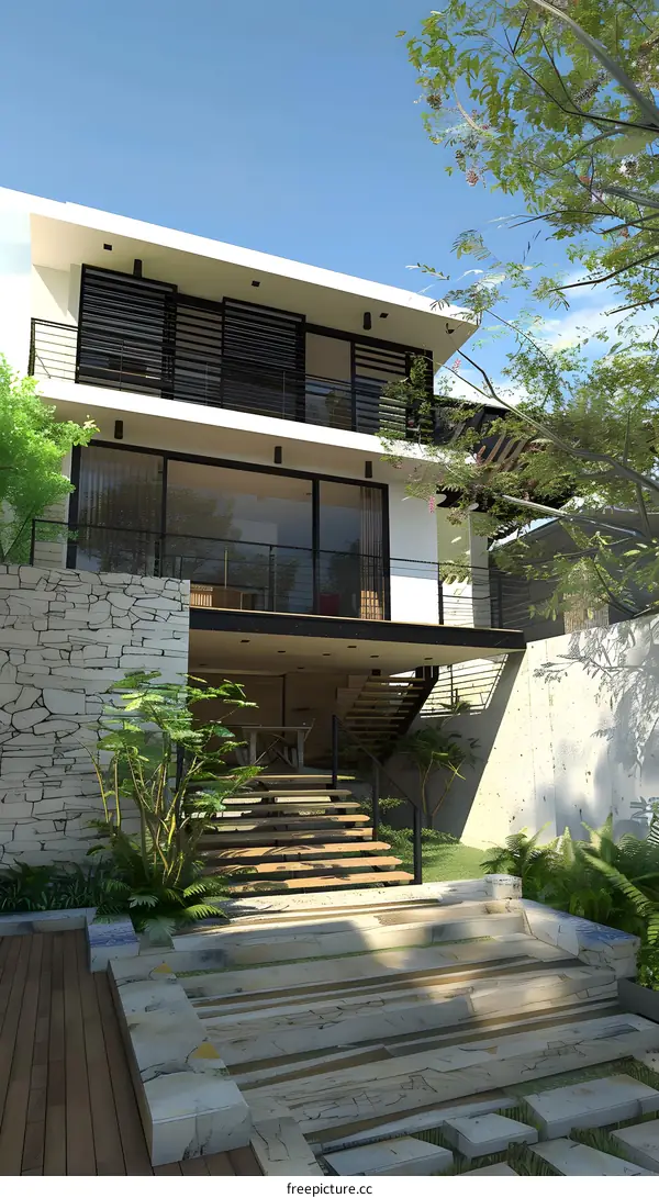 Modern House Exterior Design with Wooden Steps and Stone Wall