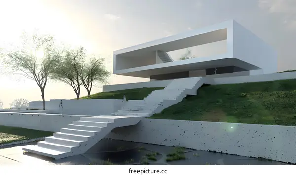 Modern White House with Stairs and Trees