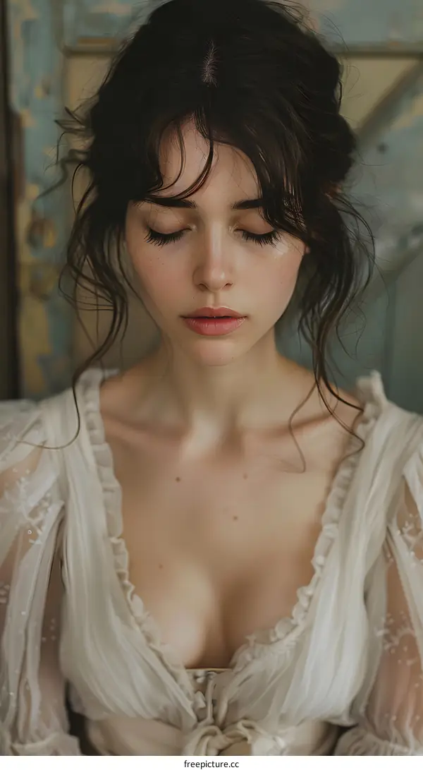 Portrait of a Beautiful Woman with Closed Eyes Wearing a White Lace Blouse