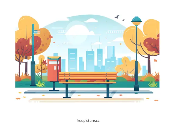 City Park Bench Illustration with Autumn Trees