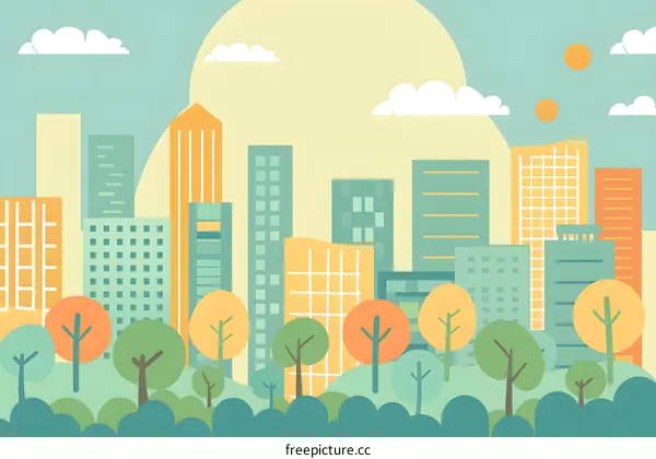 Cityscape Illustration With Buildings, Trees and Sun