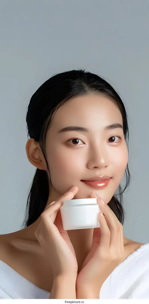Beautiful Asian Woman Holding a Jar of Cream in Front of Her Face