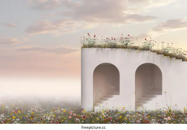 White Building with Flowers on Roof and Meadow in Front