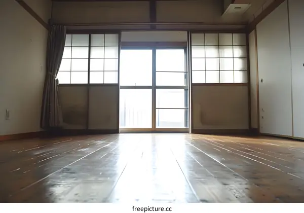 Empty Japanese Style Room With Wooden Floor and Sliding Doors