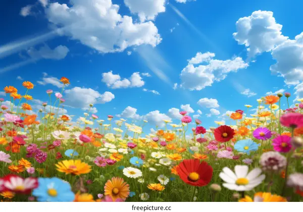 Field of vibrant flowers beneath a blue sky