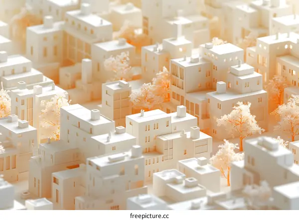 A city model with white buildings and orange trees