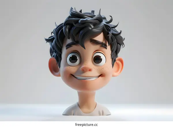 Smiling Cartoon Boy with Freckles and Brown Hair