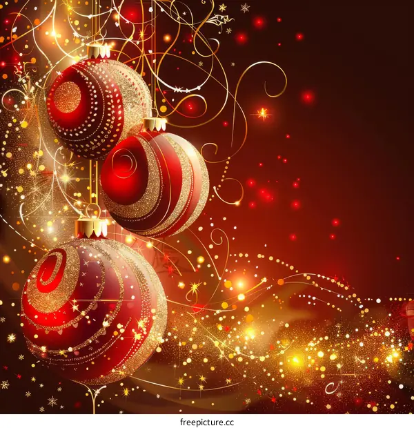 Christmas Decorations in Red and Gold with Glitter, Snowflakes, Ribbons