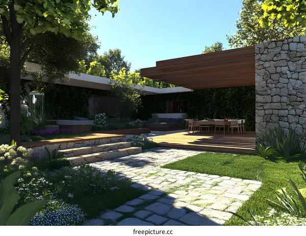 Modern Backyard Design with Stone Walls and Wooden Pergola