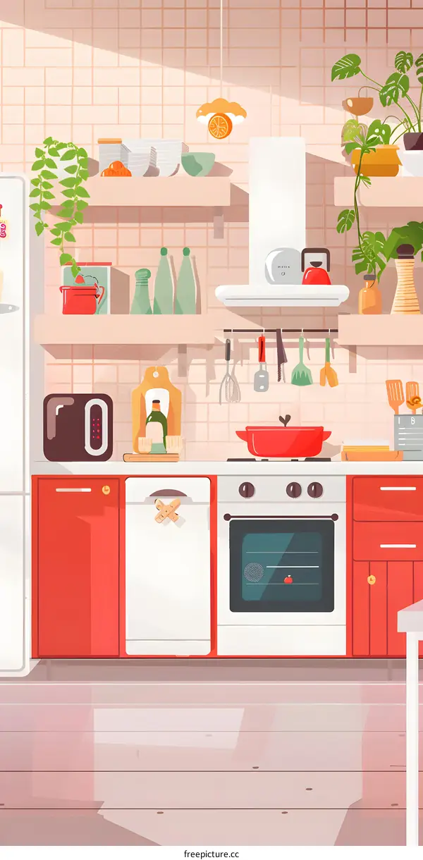 Modern Kitchen Interior Design Illustration with Red Cabinets and White Appliances