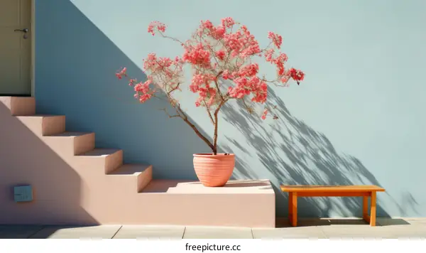 A potted bougainvillea plant sits on a pink concrete slab in front of a blue wall with a pink door and a wooden bench to the right.