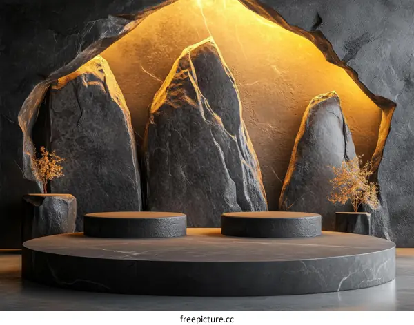 Dark Stone Display Podium with Cave Wall Backdrop