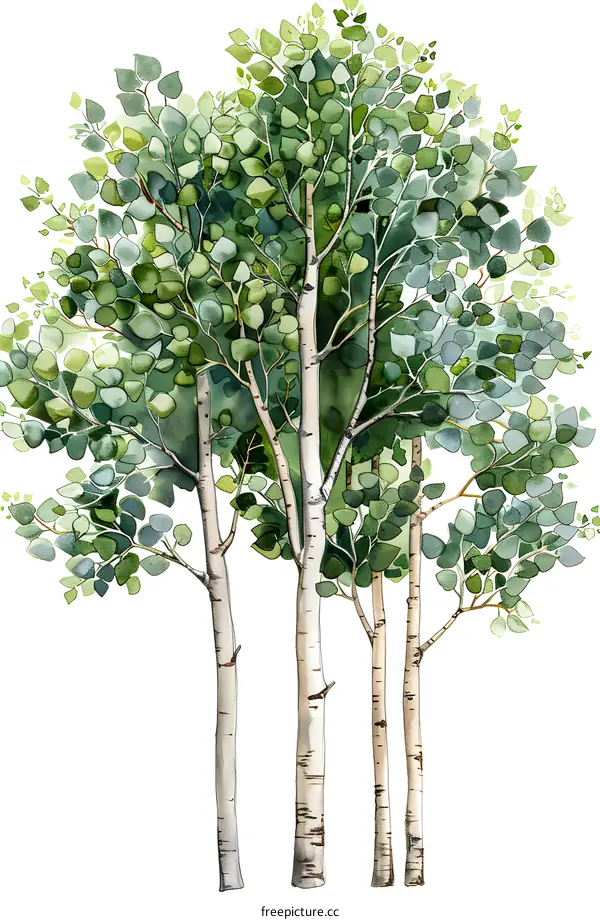 Watercolor Aspen Trees with Lush Green Leaves