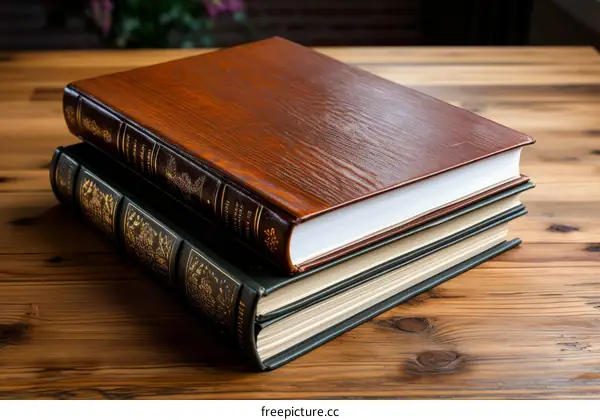 Vintage Book Stack on Wooden Table