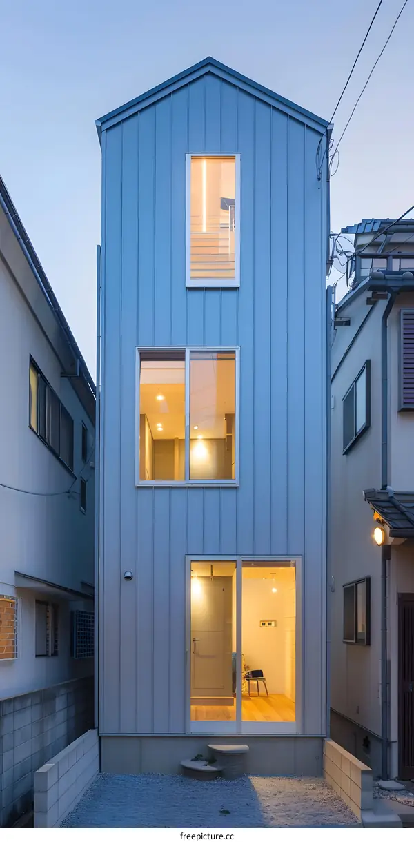 Modern Japanese House with Blue Siding and Large Windows