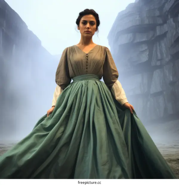 A woman wearing a green dress standing in a rocky field