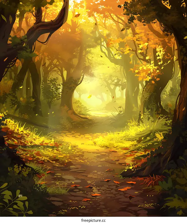 Autumn Forest Path Sun Light Painting