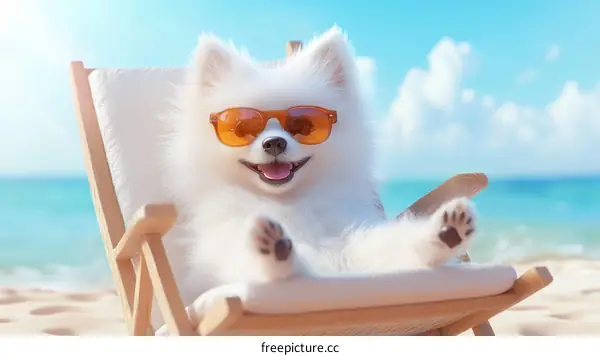 Cute Dog Relaxing on Beach Chair with Sunglasses
