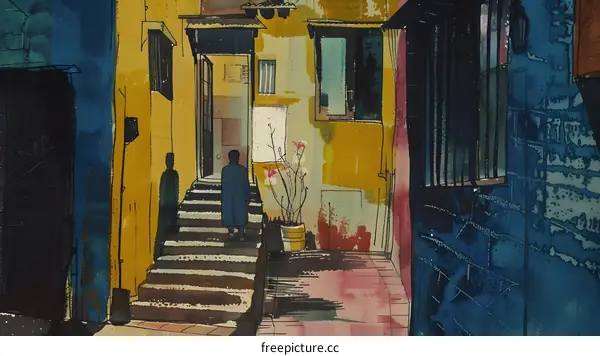 Man Walking Up Stairs in a City Alleyway Illustration