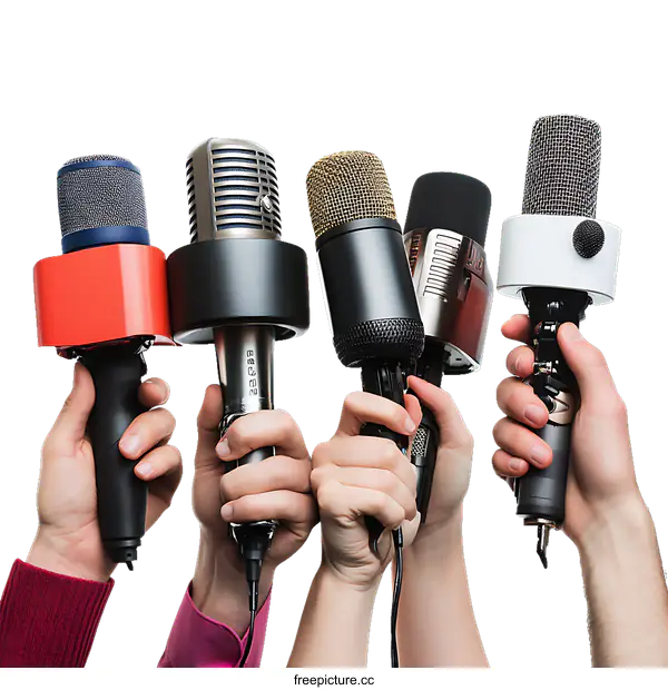 [Transparent Background PNG]Multiple Hands Holding Various Microphones