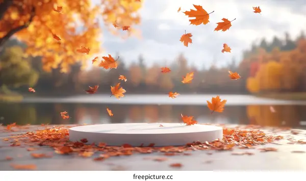 Autumn Leaves Falling on a White Pedestal
