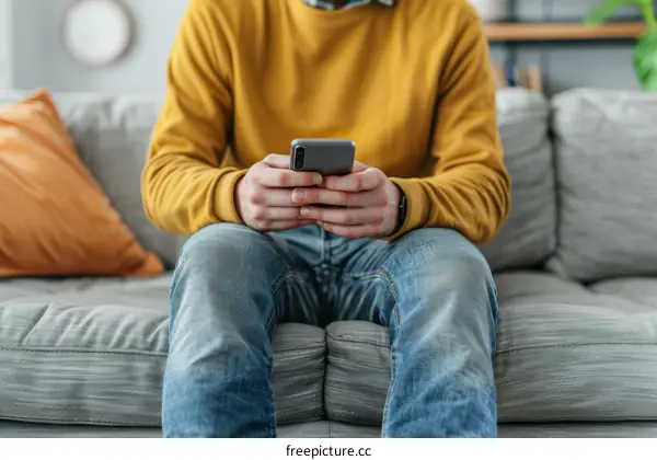 Man in yellow sweater using smartphone on couch
