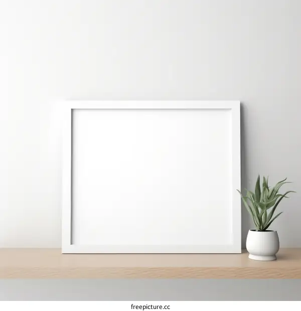 White Frame Mockup on Wooden Shelf with Potted Plant