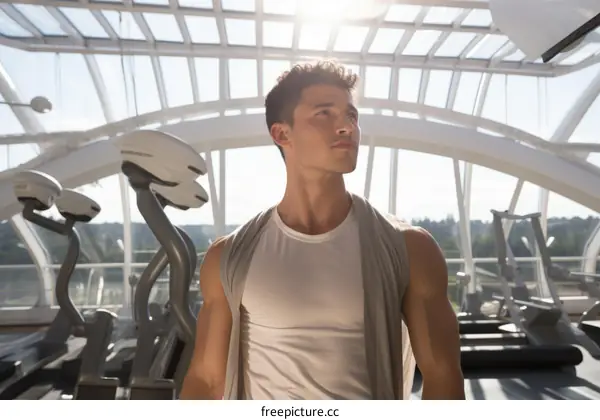 muscular man in white tank top standing in modern gym with large windows
