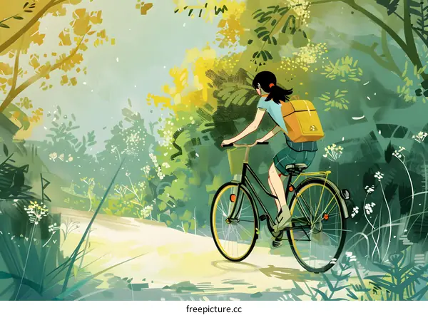 Woman Riding Bike Through Lush Green Forest