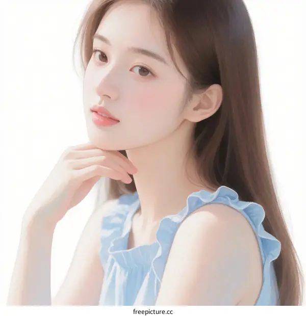 A Young Woman with Long Brown Hair in Light Blue Ruffled Dress