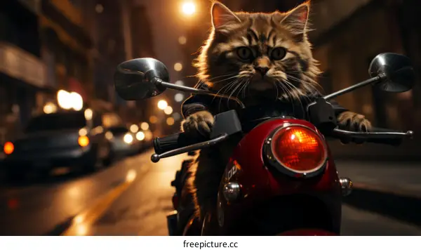 A cat riding a motorcycle at night