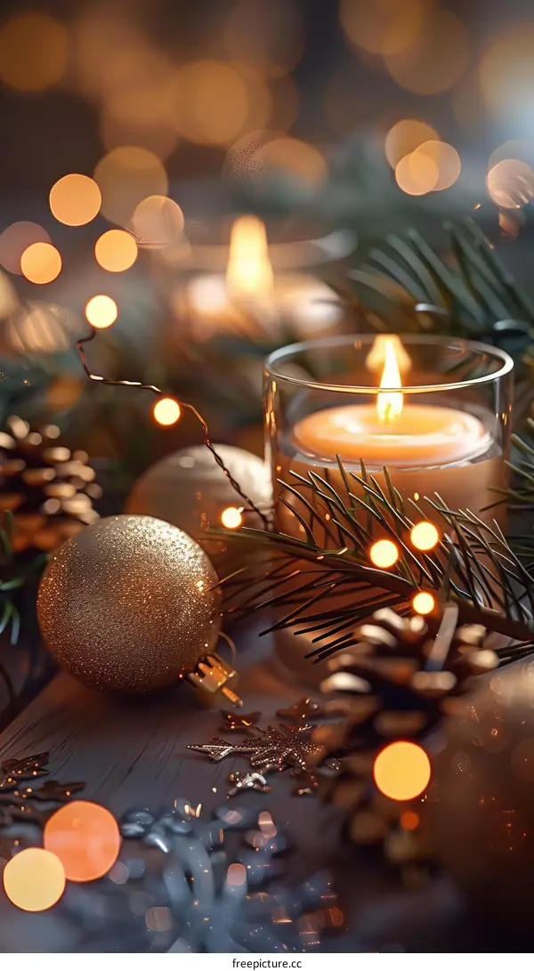 Christmas Candle with Pine and Snowflake Decoration