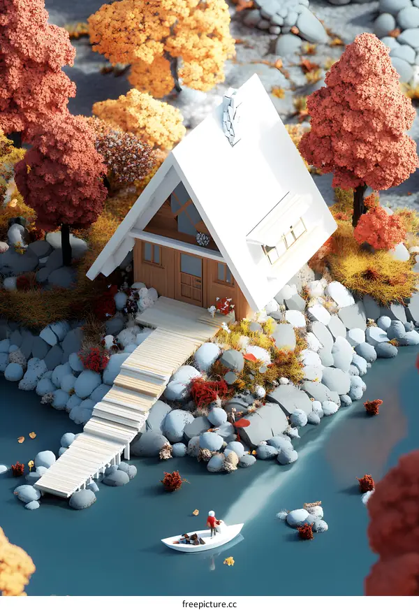 Small White Cabin in the Woods by the River