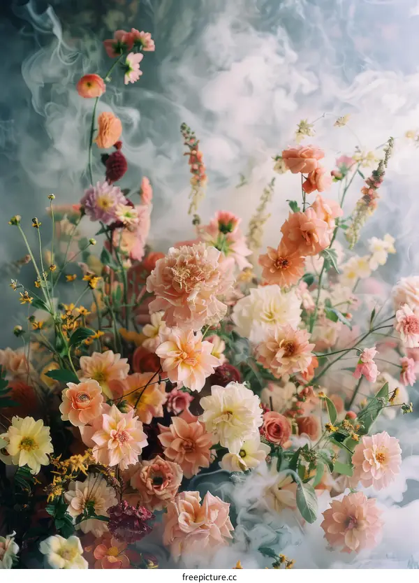 Arrangement of Pink, Yellow, and White Flowers with a Smoky Background