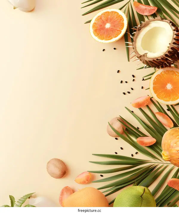Tropical Fruits and Palm Leaves Summer Background