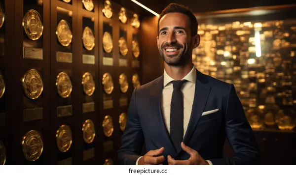 Confident Businessman in Suit Standing in Hallway of Achievement