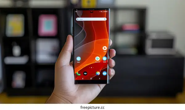 A person holding a black smartphone with a curved screen